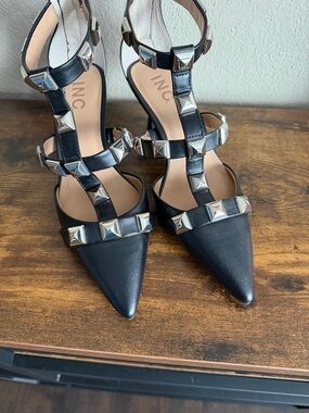 INC International Concepts Black Pointed Toe Studded Strappy Heels